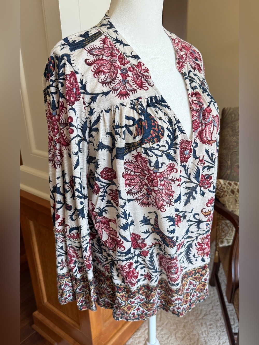 Lucky Brand Women’s Large Cream Blouse with Navy & Burgundy Floral Print